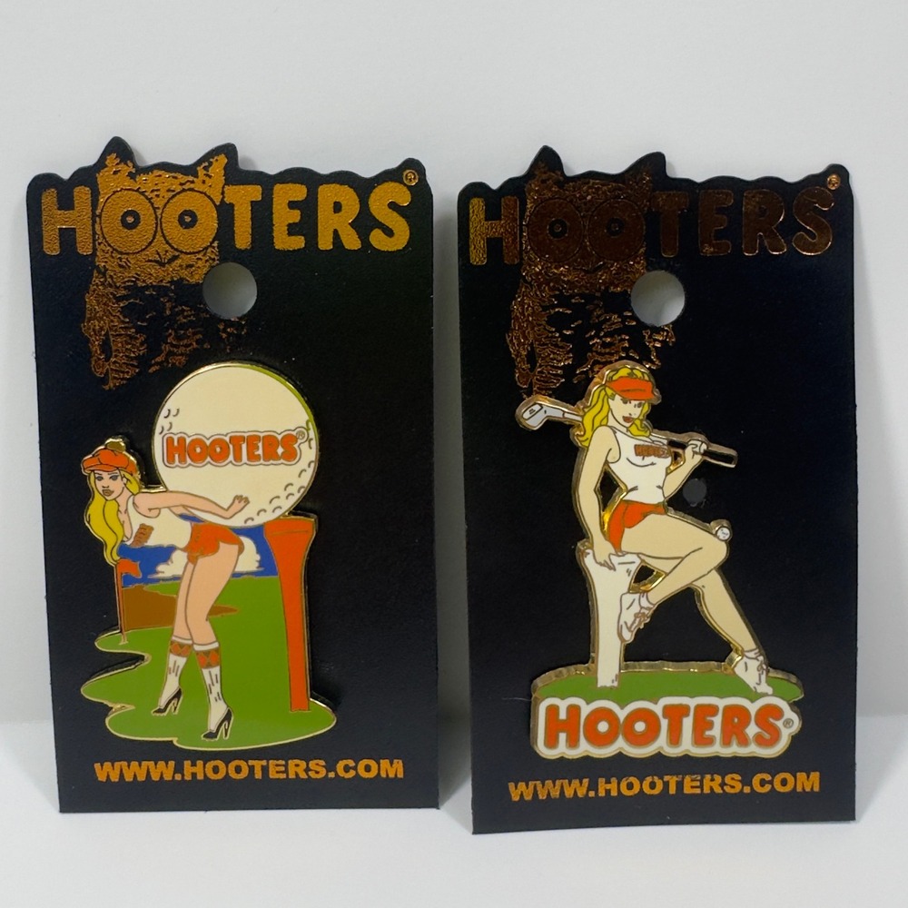 Vintage Hooters Enamel Pin Set 2pc Sports Girl Golfing Hat Lapel Accessory NIP